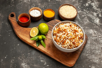 top view cooked rice with seasonings on a dark background dish meal dark food spice