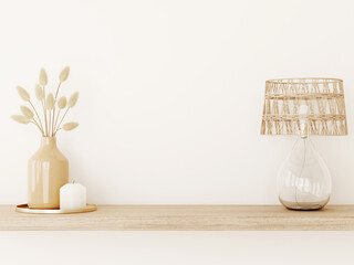 Wall mockup in warm tones with dried grass in vase, wicker lamp and candle on empty beige background. Room interior boho style decoration. 3d rendering, illustration