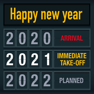 2021 greeting card with a quirky message, showing an airport notice board to illustrate the transition into the New Year.