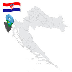 Location Istria County on map Croatia. 3d location sign similar to the flag of  Istria County. Quality map  with regions of  Croatia for your design. EPS10.