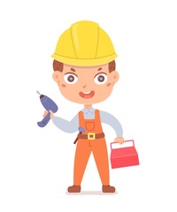 Kid as builder. Cute little boy with professional occupation vector illustration. Happy child as repairman in uniform and helmet holding drill and tools isolated on white background
