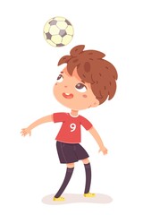 Boy playing with ball above head at football practice. Happy little kid playing sport in uniform vector illustration. Smiling child kicking ball above head on white background