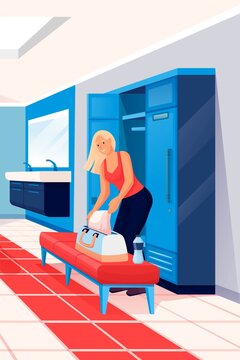 Woman changing clothes in locker room scene. Dressing for fitness and sport exercise in gym vector illustration. Young girl with bag in private room with lockers and bench