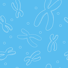 Seamless pattern on the theme of science and chemistry. X chromosomes. White outline on a blue background. Vector illustration in sketch style.