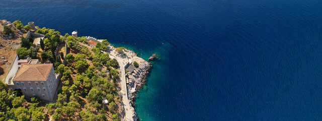 Aerial drone ultra wide photo of small picturesque port of Hydra island, Saronic gulf, Attica,...