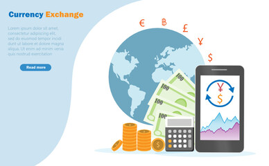 Currency exchange, financial and banking business. Making profit on currency exchange converter from online smartphone with calculater and global world background.