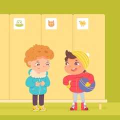 Boys in winter clothes standing at lockers in kindergarten. Little boys with ball in coats indoor vector illustration. Lockers with closed doors background. Preschool children together