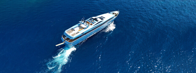 Aerial drone top down ultra wide photo of luxury yacht cruising in low speed in Mediterranean deep...