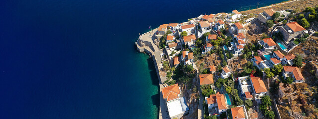 Aerial drone ultra wide photo of small picturesque port of Hydra island, Saronic gulf, Attica,...