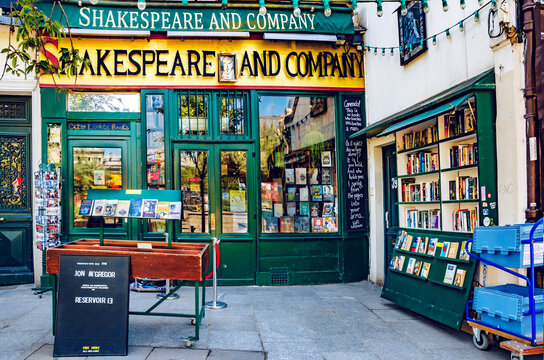Paris, France - May 08, 2017: Shakespeare and Company bookstore and Library on the Seine riverbank in Paris, first opened by Sylvia Beach on 19 November 1919