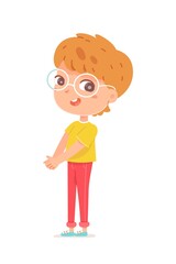 Happy smart boy in glasses standing. Joyful smiling little child talking. Positive emotion and fun vector illustration. Cute cheerful kid in good mood on white background
