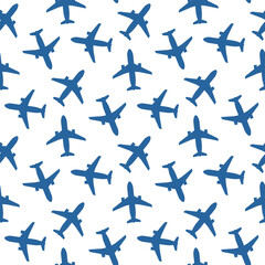 Blue passenger aircraft isolated on white background. Top view. Monochrome seamless pattern. Vector flat graphic illustration. Texture.