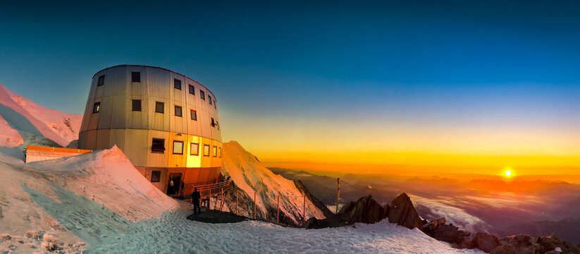 Sunset panoramic view of Mont Blanc, Refuge Du Gouter 3835 m, The popular starting point for attempting the ascent of Mont Blanc , France