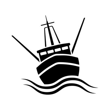 Ship icon. Fishing boat. Black silhouette. Front view. Vector flat graphic illustration. The isolated object on a white background. Isolate.