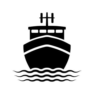 recommend clip art: Ship icon. Fishing boat. Black silhouette. Front view. Vector flat graphic illustration. The isolated object on a white background. Isolate.