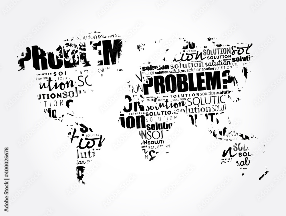 Poster problem solving aid word cloud in shape of world map, business concept background