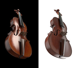 Low angle bottom view of violin on black and white background 3d rendering