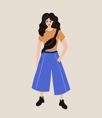 Young stylish girl dressed in in a t-shirt and culottes. Street wear style. Flat cartoon vector illustration.