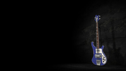 Blue white bass guitar in front of dark background side view  3d rendering