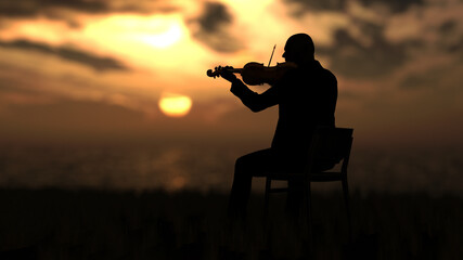 Male violinist playing  viola while sitting on chair outside with perfect view 3d rendering