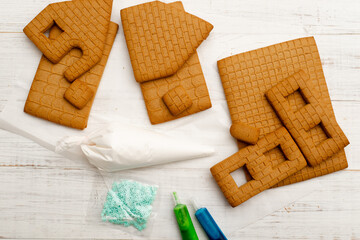Parts for a gingerbread house. Preparing for the new year, christmas.