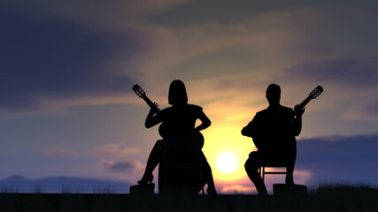 Great outdoor view in backgroud, male and female guitarist couple playing guitar in foreground 3d rendering