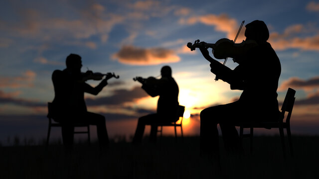 Trio of violin players sitting on chair and performing music outdoor with great view and sea 3d rendering
