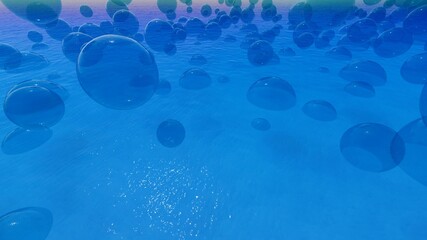 Abstract background of blue bubbles in water 3d render