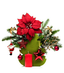 Merry Christmas and Happy Holidays greeting card. New Year. Christmas gingerbread and candy on sticks and green fir branches with tree decorations. Winter xmas holiday theme.