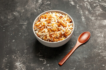 top view cooked rice inside plate on a dark background dark dish east meal food