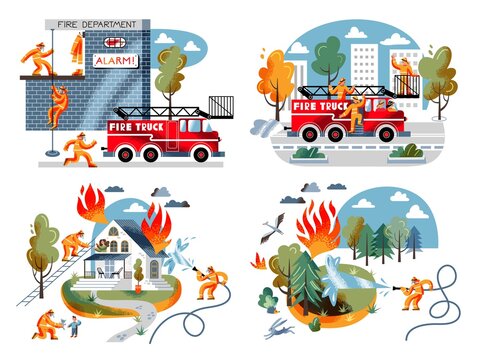 Firefighters emergency set. Rescuing people from burning house, fire in forest. Fire department emergency vector illustration. Man driving in firetruck to help from station