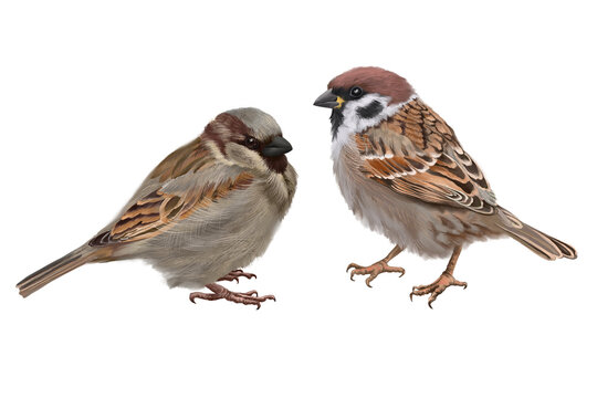 Digital set with cute sparrows birds White background.