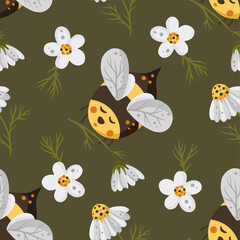 Bee with flower seamless pattern. Honey vector. Cute kid cartoon yellow bee illustration.