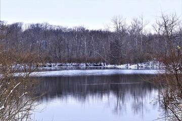 Winter landscape, lake among forest trees, trees are reflected in the water. There is snow on the ground, but the water in the lake is not frozen yet