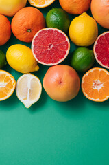 Citrus fruits over green background with copy space