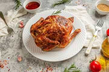 Tasty grilled fried roast chicken Tabaka in a white plate on concrete table with wegetables and spices