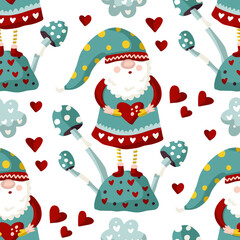 Seamless Gnome with mushroom and heart Vector pattern. Cute Valentines hand drawn little gnomes illustration. Kid ornate cartoon holiday background with mushroom.