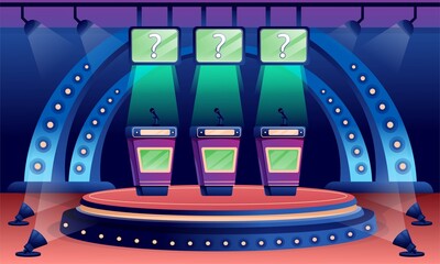 Quiz game stage interior design background. Competition with questions. Television trivia show vector illustration. Three stands with microphones in spotlight, screens with questions © backup_studio