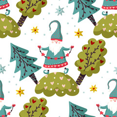 Seamless Gnome Vector pattern. Cute Valentines hand drawn little gnomes illustration. Kid ornate cartoon holiday scandinavian background with tree and heart shapes.