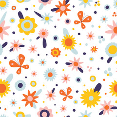 Seamless pattern with butterflies and flowers. Bright, colorful floral pattern.