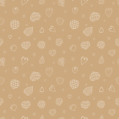 Seamless pattern with white doodle hearts on craft background. Vector elements for Saint Valentins day, wedding design.