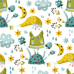 Seamless Gnome Vector pattern. Cute Valentines hand drawn little gnomes illustration with mushroom, moon and star . Kid ornate cartoon holiday background with mushroom.