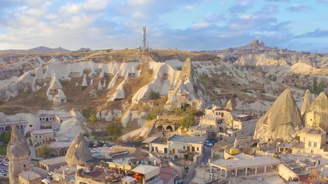 Goreme Town view from drone in Cappadocia Region Of Turkey. Aerial view 4K