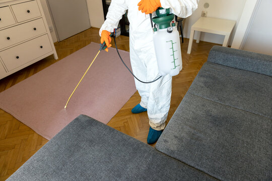Person in protective suit with decontamination sprayer bottle disinfecting household and furniture - Powered by Adobe