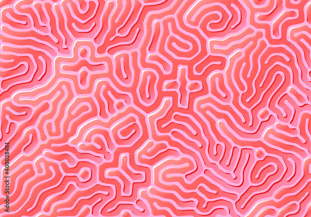 Poster abstract background with optical illusion generative pattern and vibrant fluid, shiny pink color wit