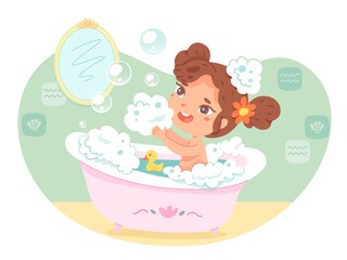Kid bathing in bathroom. Little girl washing in bath with water, bubbles, soap, foam and duck toy. Healthy routine vector illustration. Childhood fun activities. Room interior design