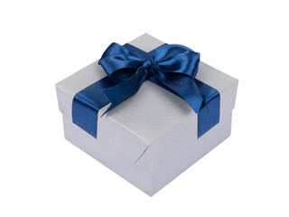 silver gift box with blue ribbon on white background
