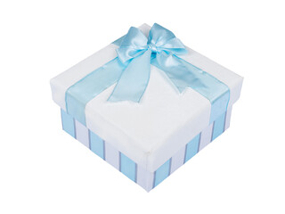 sky blue gift box with sky blue ribbon on white background