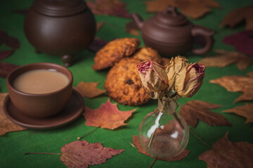 Still life- autumn motif. Breakfast- cup of coffee is on the table