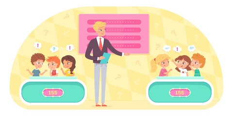 Kids playing quiz game with show host. Smart children in teams discussing answers to question in competition, host standing, score on boards. Television trivia show vector illustration